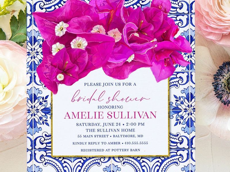 Blue Tile Bougainvillea Invitations - Bougainvillea Bridal Shower Invitation - Santorini Invites - Birthday Invite - Greek Watercolor (10 printed invitations | Plain White Envelopes)