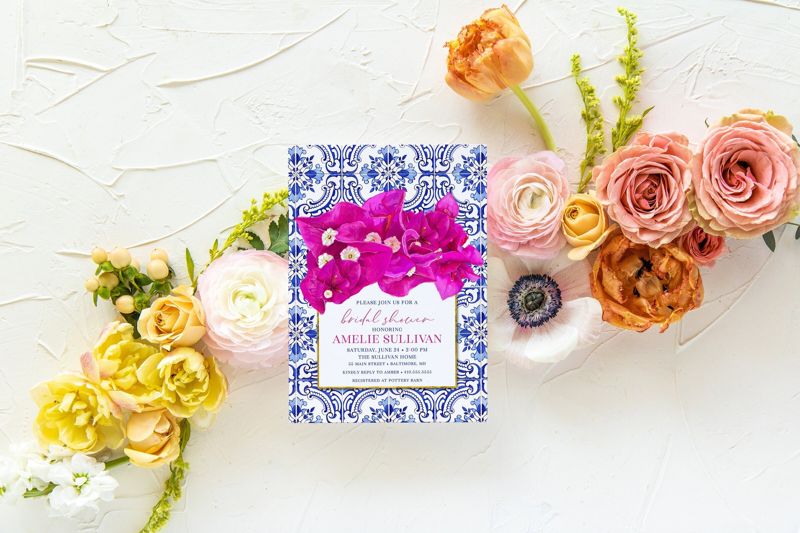 Blue Tile Bougainvillea Invitations - Bougainvillea Bridal Shower Invitation - Santorini Invites - Birthday Invite - Greek Watercolor (10 printed invitations | Plain White Envelopes)