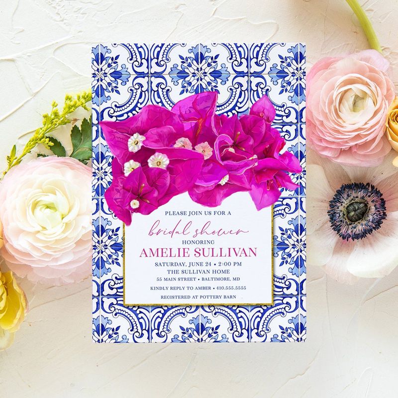 Blue Tile Bougainvillea Invitations - Bougainvillea Bridal Shower Invitation - Santorini Invites - Birthday Invite - Greek Watercolor (10 printed invitations | Plain White Envelopes)