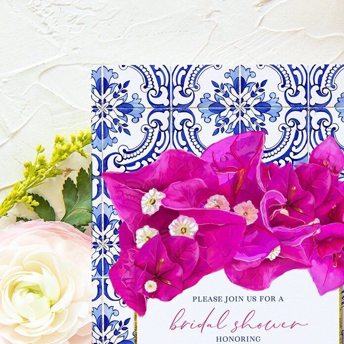 Blue Tile Bougainvillea Invitations - Bougainvillea Bridal Shower Invitation - Santorini Invites - Birthday Invite - Greek Watercolor (10 printed invitations | Plain White Envelopes)