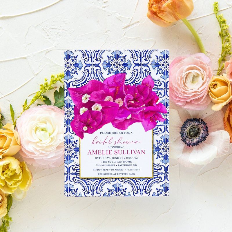 Blue Tile Bougainvillea Invitations - Bougainvillea Bridal Shower Invitation - Santorini Invites - Birthday Invite - Greek Watercolor (10 printed invitations | Plain White Envelopes)