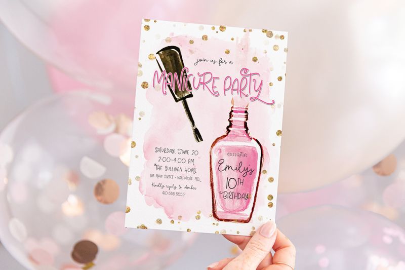 Manicure Birthday Invitation, Spa Party Invitations, Girls Spa Invitation, Mani Pedi Invites, Nail Polish Invite, Pink Glam Tween Party (10 printed invitations | Plain White Envelopes)