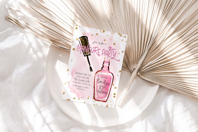 Manicure Birthday Invitation, Spa Party Invitations, Girls Spa Invitation, Mani Pedi Invites, Nail Polish Invite, Pink Glam Tween Party (10 printed invitations | Plain White Envelopes)