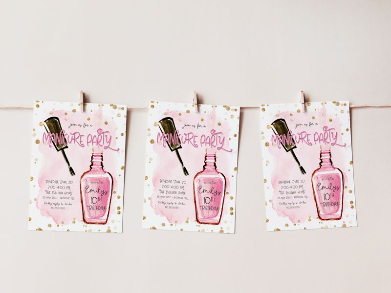 Manicure Birthday Invitation, Spa Party Invitations, Girls Spa Invitation, Mani Pedi Invites, Nail Polish Invite, Pink Glam Tween Party (10 printed invitations | Plain White Envelopes)