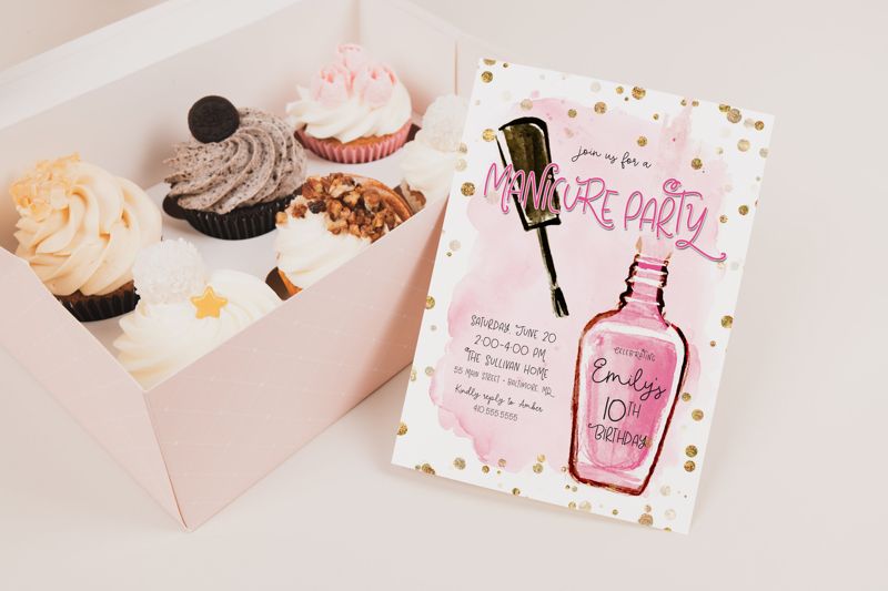 Manicure Birthday Invitation, Spa Party Invitations, Girls Spa Invitation, Mani Pedi Invites, Nail Polish Invite, Pink Glam Tween Party (10 printed invitations | Plain White Envelopes)