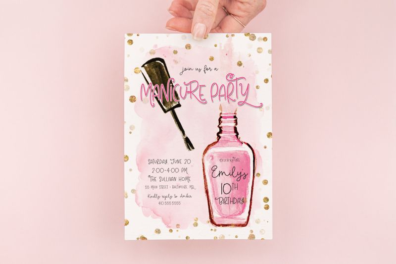 Manicure Birthday Invitation, Spa Party Invitations, Girls Spa Invitation, Mani Pedi Invites, Nail Polish Invite, Pink Glam Tween Party (10 printed invitations | Plain White Envelopes)