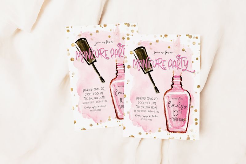 Manicure Birthday Invitation, Spa Party Invitations, Girls Spa Invitation, Mani Pedi Invites, Nail Polish Invite, Pink Glam Tween Party (10 printed invitations | Plain White Envelopes)
