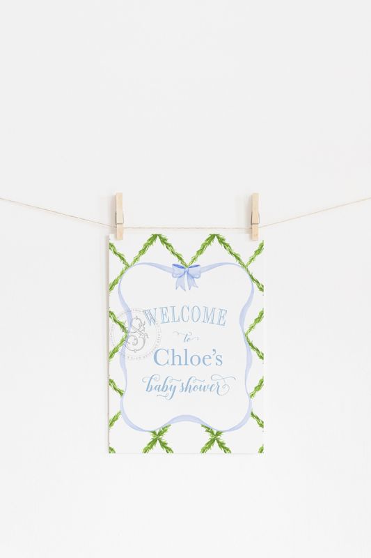 Preppy Blue and Green Bow Baby Shower Welcome Sign, Baby Sprinkle, Baby Boy Shower, Watercolor Blue Bow, Trellis Bow Boy Birthday