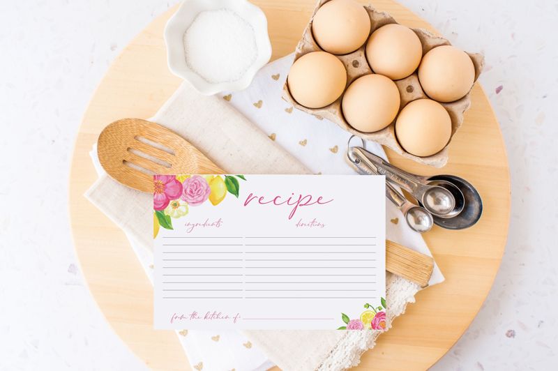 Lemon Printed Recipe Cards - Lemon and Floral Recipe Card - Pink Flowers - Recipes for Bride to Be - Bridal Shower Recipe Card (20 printed cards)