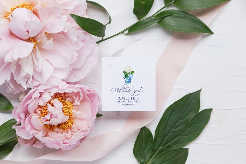 Chinoiserie Ginger Jar Square Bridal Shower Favor Tags (20 printed notes)