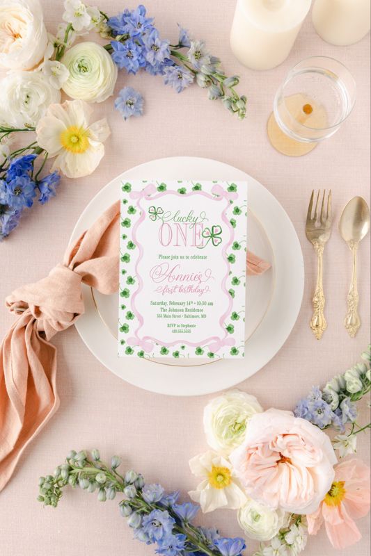 Lucky One First Birthday Invitation - St. Patricks Day Birthday Party - Lucky Clover - Girl first birthday - March Birthday - Pink and Green (10 printed invitations, Plain White Envelopes)