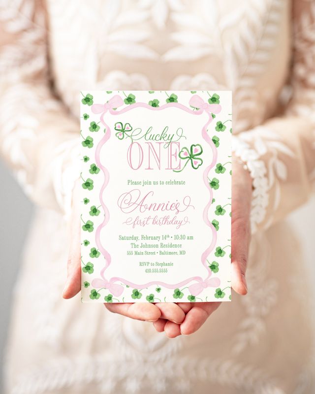 Lucky One First Birthday Invitation - St. Patricks Day Birthday Party - Lucky Clover - Girl first birthday - March Birthday - Pink and Green (10 printed invitations, Plain White Envelopes)