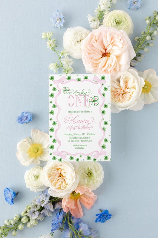 Lucky One First Birthday Invitation - St. Patricks Day Birthday Party - Lucky Clover - Girl first birthday - March Birthday - Pink and Green (10 printed invitations, Plain White Envelopes)