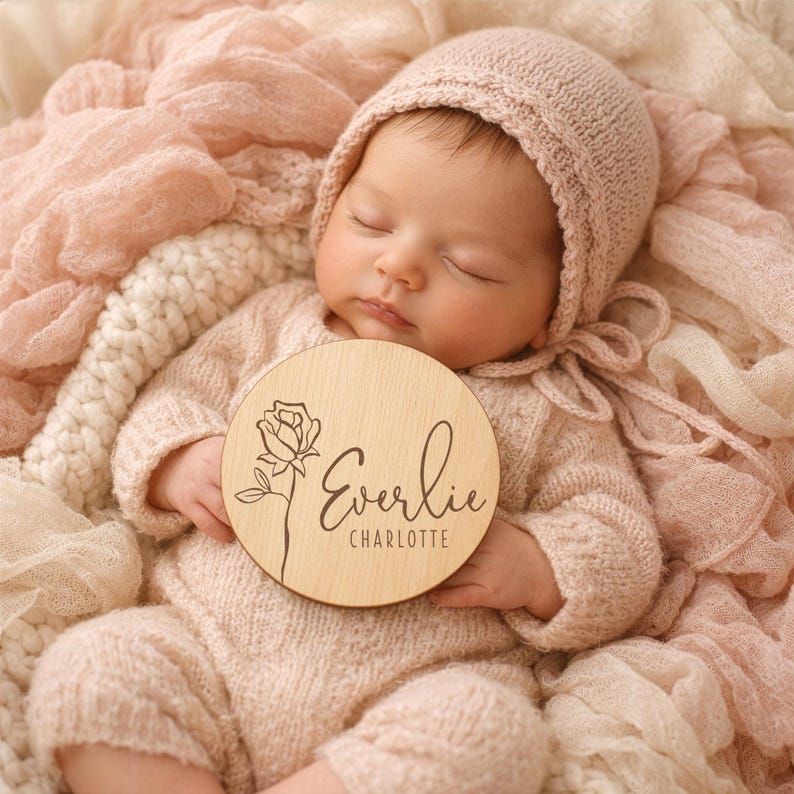 Rose Wooden Baby Name Announcement Sign | Flower Engraved Baby Name Reveal Plaque | Modern Birth Announcement | Newborn Photo Prop wood (4")
