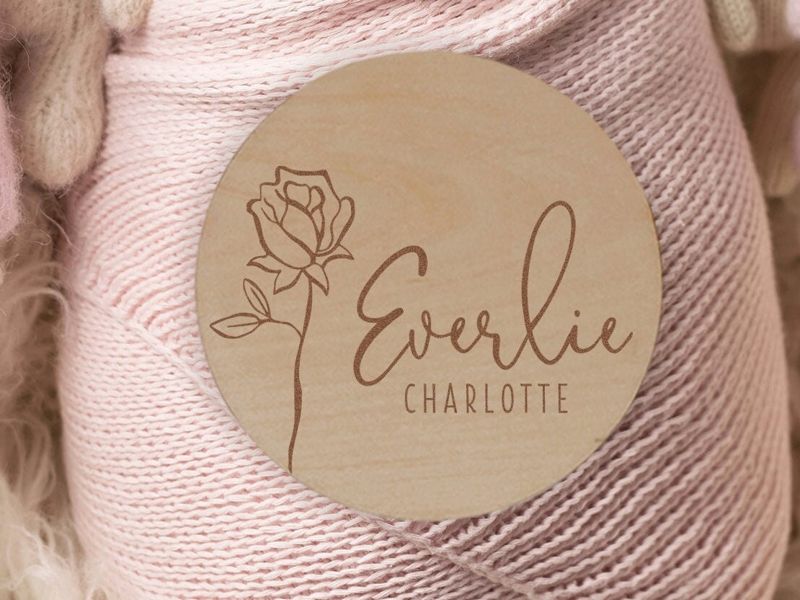 Rose Wooden Baby Name Announcement Sign | Flower Engraved Baby Name Reveal Plaque | Modern Birth Announcement | Newborn Photo Prop wood (4")