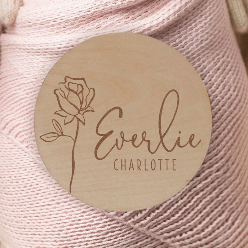 Rose Wooden Baby Name Announcement Sign | Flower Engraved Baby Name Reveal Plaque | Modern Birth Announcement | Newborn Photo Prop wood (4")