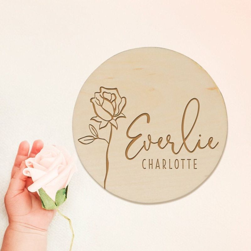 Rose Wooden Baby Name Announcement Sign | Flower Engraved Baby Name Reveal Plaque | Modern Birth Announcement | Newborn Photo Prop wood (4")