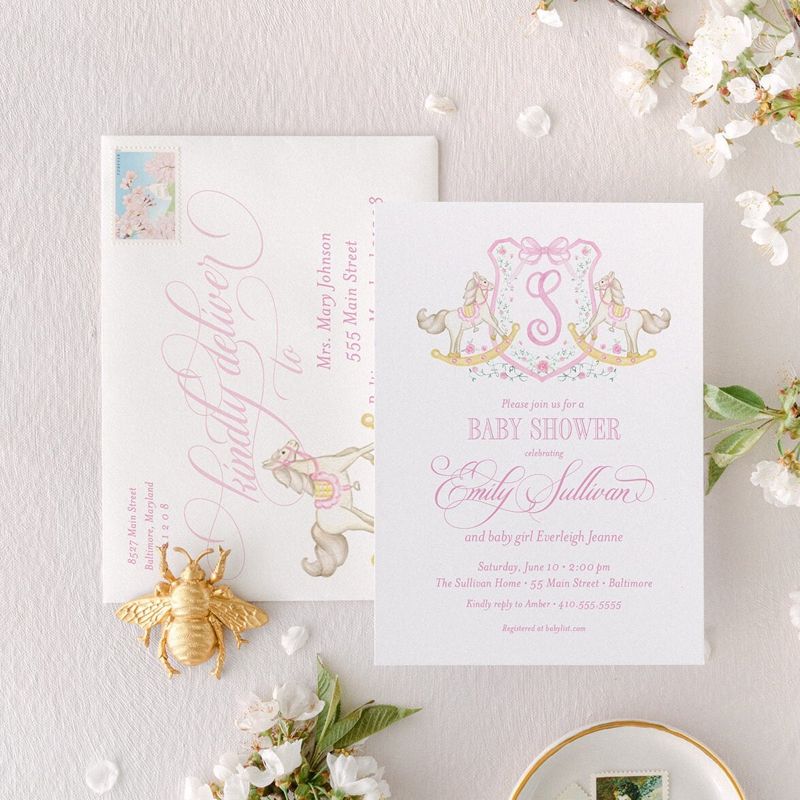 Rocking Horse Classic Baby Girl Shower Invitation Monogram Crest Girl Baby Sprinkle Traditional Preppy, Winter Baby Shower Girl (10 printed invitations, Plain White Envelopes)