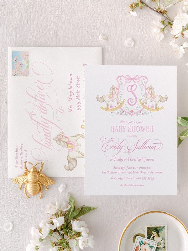 Rocking Horse Classic Baby Girl Shower Invitation Monogram Crest Girl Baby Sprinkle Traditional Preppy, Winter Baby Shower Girl (10 printed invitations, Plain White Envelopes)