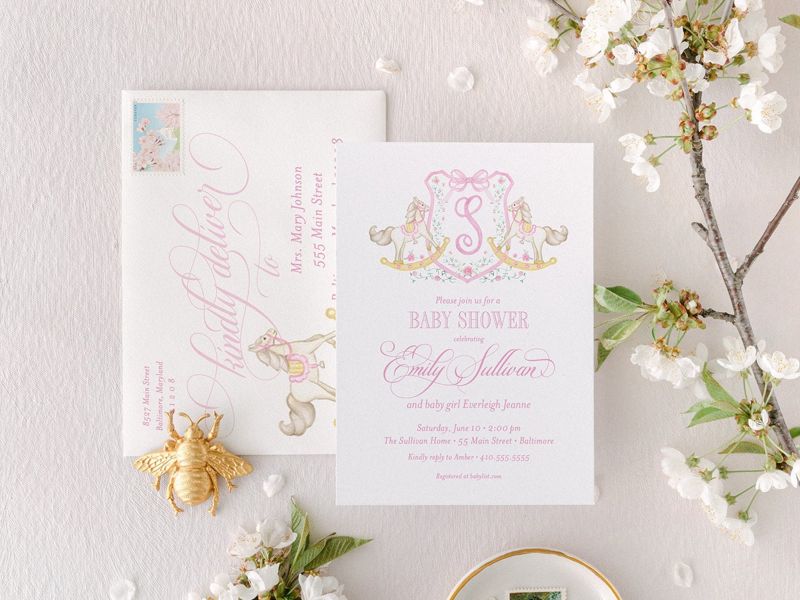 Rocking Horse Classic Baby Girl Shower Invitation Monogram Crest Girl Baby Sprinkle Traditional Preppy, Winter Baby Shower Girl (10 printed invitations, Plain White Envelopes)
