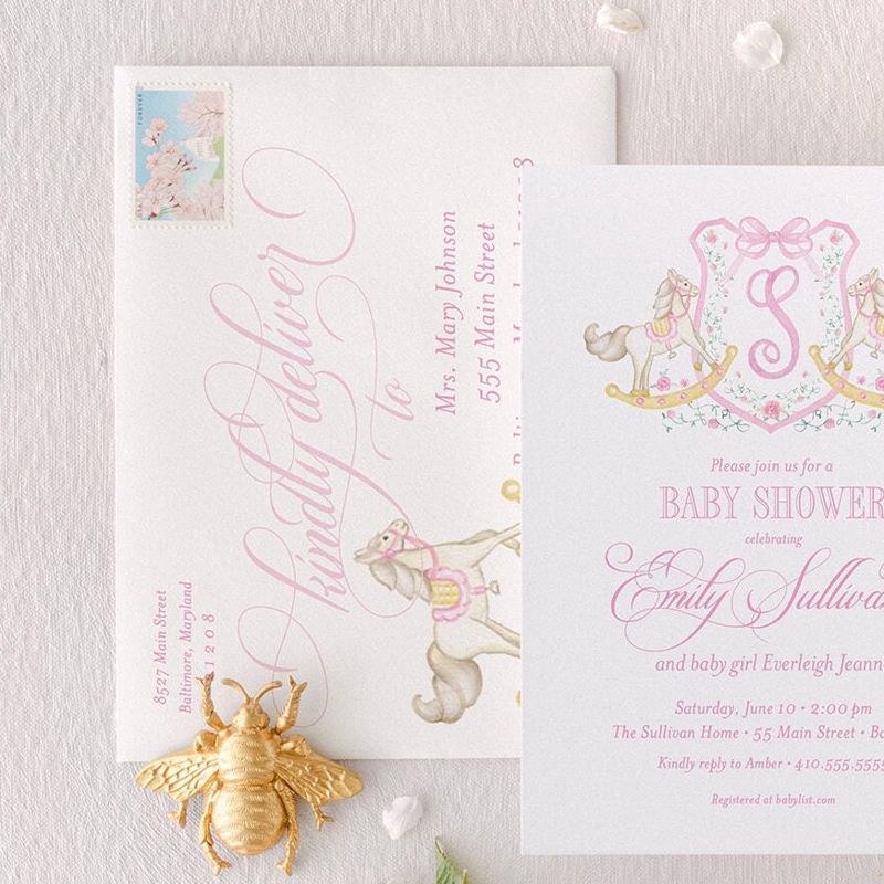 Rocking Horse Classic Baby Girl Shower Invitation Monogram Crest Girl Baby Sprinkle Traditional Preppy, Winter Baby Shower Girl (10 printed invitations, Plain White Envelopes)