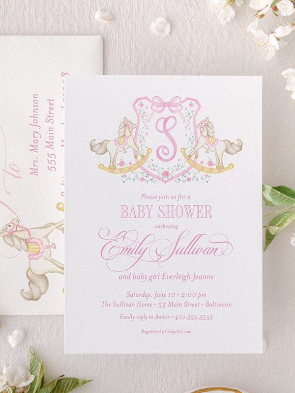 Rocking Horse Classic Baby Girl Shower Invitation Monogram Crest Girl Baby Sprinkle Traditional Preppy, Winter Baby Shower Girl (10 printed invitations, Plain White Envelopes)