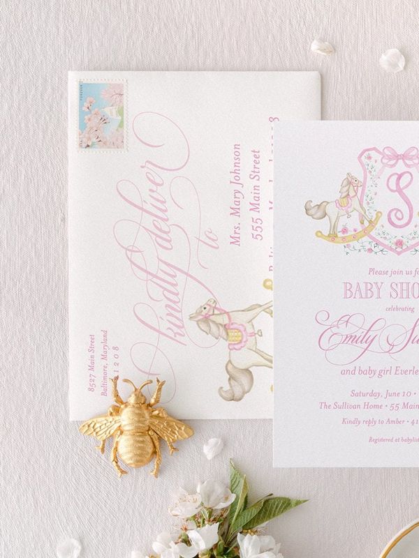 Rocking Horse Classic Baby Girl Shower Invitation Monogram Crest Girl Baby Sprinkle Traditional Preppy, Winter Baby Shower Girl (10 printed invitations, Plain White Envelopes)