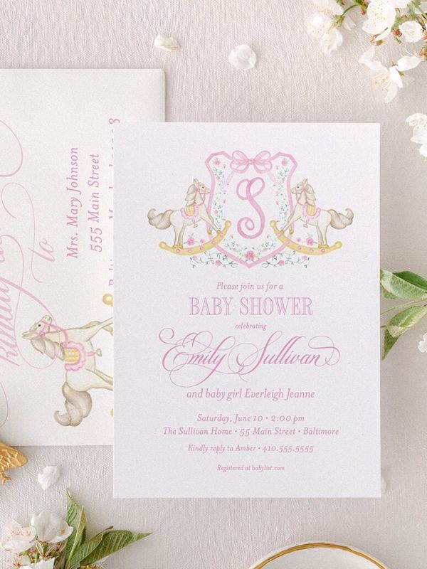 Rocking Horse Classic Baby Girl Shower Invitation Monogram Crest Girl Baby Sprinkle Traditional Preppy, Winter Baby Shower Girl (10 printed invitations, Plain White Envelopes)