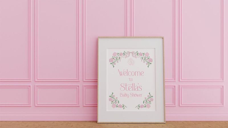 Pink Pumpkin Baby Girl Shower Welcome Sign - Preppy Pink Bow - Baby Shower Signage - Printed 18x24" Sign - Welcome Poster (18x24")