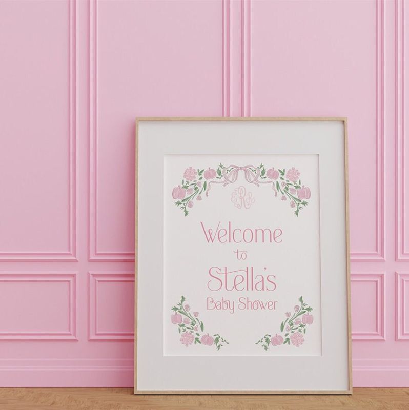 Pink Pumpkin Baby Girl Shower Welcome Sign - Preppy Pink Bow - Baby Shower Signage - Printed 18x24" Sign - Welcome Poster (18x24")