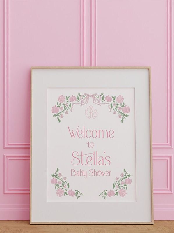 Pink Pumpkin Baby Girl Shower Welcome Sign - Preppy Pink Bow - Baby Shower Signage - Printed 18x24" Sign - Welcome Poster (18x24")