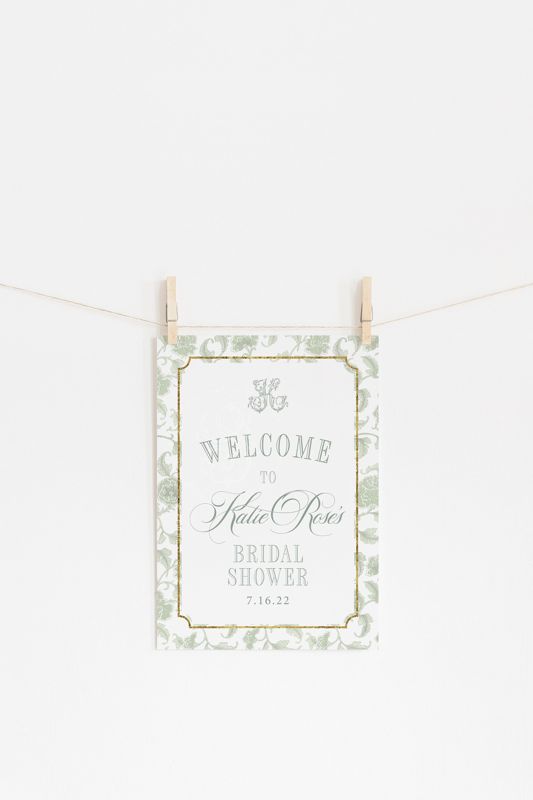Sage Green Chinoiserie Welcome Sign - Monogrammed Welcome Poster - Bridal Shower Printable Signage - Gender Neutral Baby Shower