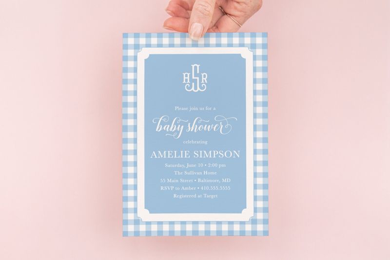 Blue Gingham Baby Shower Invitation - Boy Baby Shower Invite - Classic Monogram - Baby Sprinkle Invitations - Preppy First Birthday Invite (10 printed invitations | Plain White Envelopes)