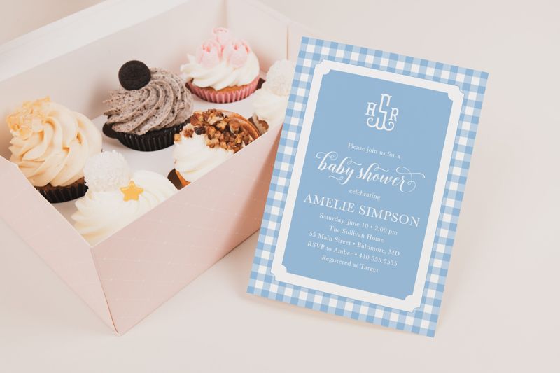 Blue Gingham Baby Shower Invitation - Boy Baby Shower Invite - Classic Monogram - Baby Sprinkle Invitations - Preppy First Birthday Invite (10 printed invitations | Plain White Envelopes)