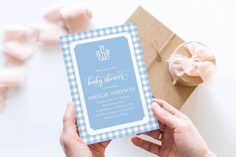 Blue Gingham Baby Shower Invitation - Boy Baby Shower Invite - Classic Monogram - Baby Sprinkle Invitations - Preppy First Birthday Invite (10 printed invitations | Plain White Envelopes)