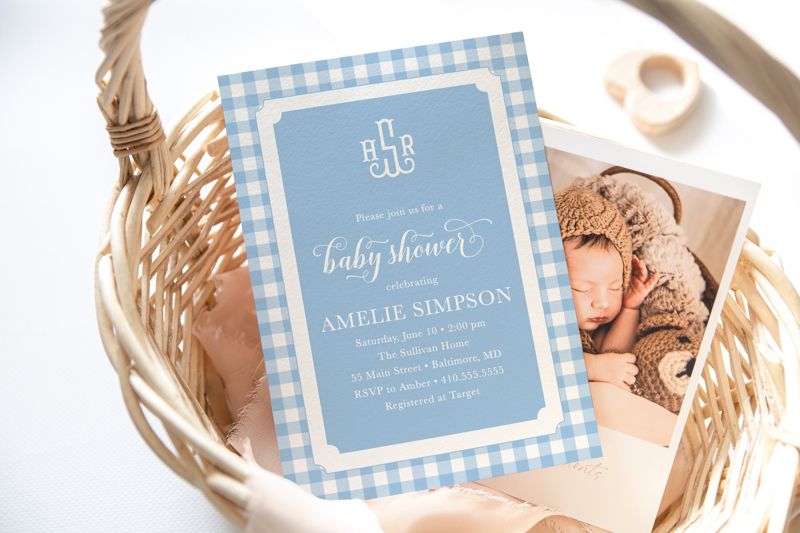 Blue Gingham Baby Shower Invitation - Boy Baby Shower Invite - Classic Monogram - Baby Sprinkle Invitations - Preppy First Birthday Invite (10 printed invitations | Plain White Envelopes)