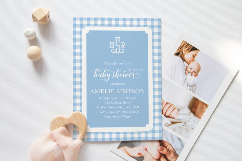 Blue Gingham Baby Shower Invitation - Boy Baby Shower Invite - Classic Monogram - Baby Sprinkle Invitations - Preppy First Birthday Invite (10 printed invitations | Plain White Envelopes)