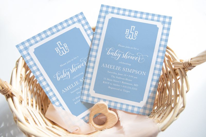Blue Gingham Baby Shower Invitation - Boy Baby Shower Invite - Classic Monogram - Baby Sprinkle Invitations - Preppy First Birthday Invite (10 printed invitations | Plain White Envelopes)