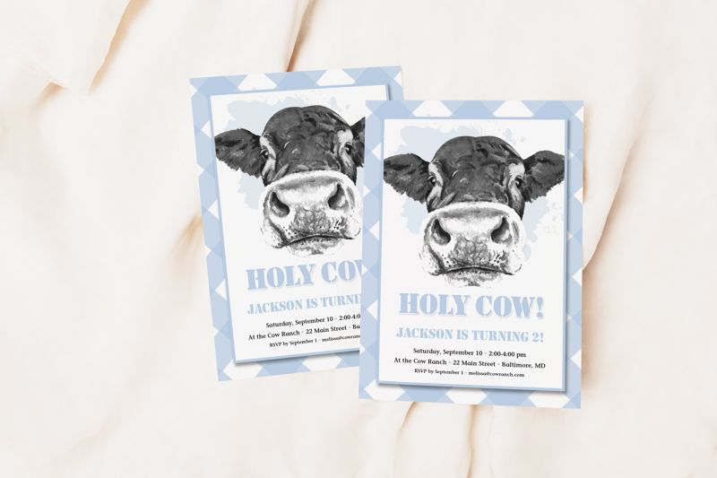 Holy Cow 1st Birthday Invitations - Moo Moo - Boy Farm Invites - Boy Birthday Party - Blue Cow First Birthday (10 printed invitations | Plain White Envelopes)