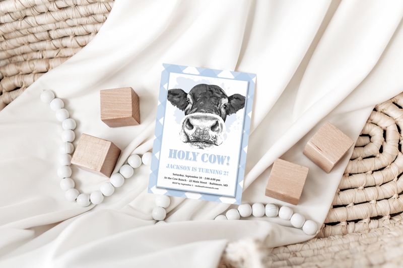 Holy Cow 1st Birthday Invitations - Moo Moo - Boy Farm Invites - Boy Birthday Party - Blue Cow First Birthday (10 printed invitations | Plain White Envelopes)