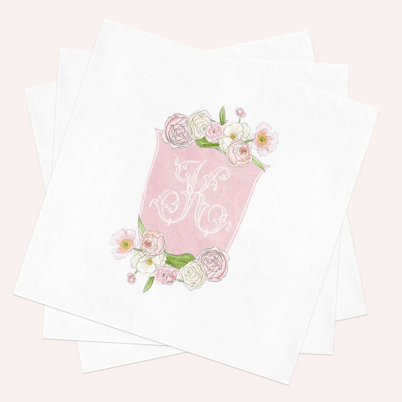 Napkins for Bridal Shower, Baby Shower Napkins, Party Decor, Pink Floral Crest Paper Personalized Monogram Baby Sprinkle, Cocktail Napkins (100 Printed Napkins)