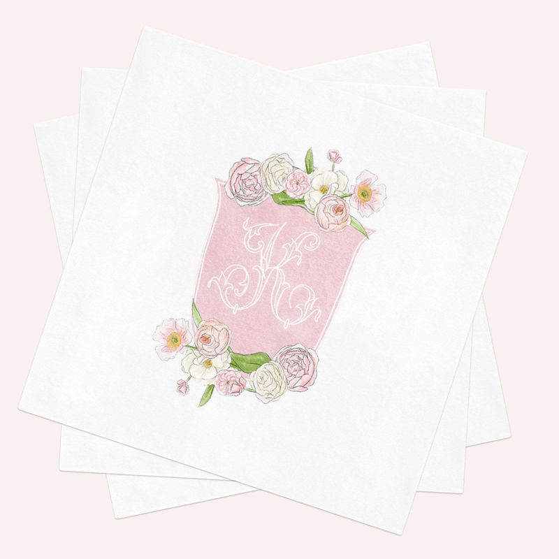 Napkins for Bridal Shower, Baby Shower Napkins, Party Decor, Pink Floral Crest Paper Personalized Monogram Baby Sprinkle, Cocktail Napkins (100 Printed Napkins)