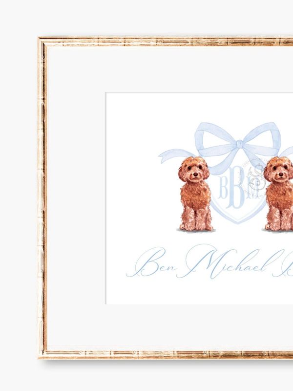 Monogram Crest Wall Art for Baby Boy Nursery - Watercolor Golden Doodles - Printable Baby Monogram Grandmillenial (5x7 | Landscape)