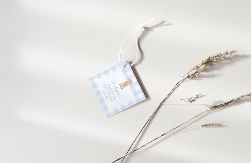 Blue Golden Doodle Gingham Baby Shower Favor Tags (20 printed notes)