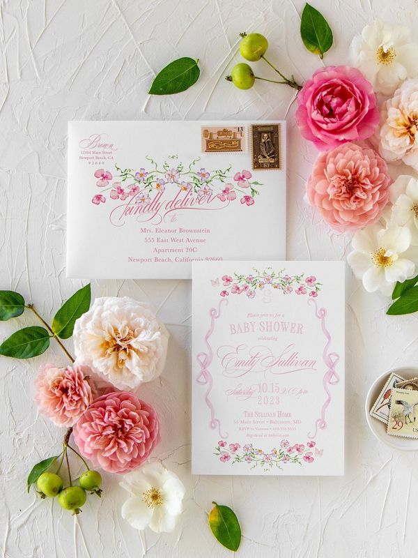 Fancy Pink Bow Baby Girl Shower Invitations - Girl Baby Sprinkle - Pink Bow Love Fancy Party Feminine (10 printed invitations, Plain White Envelopes)