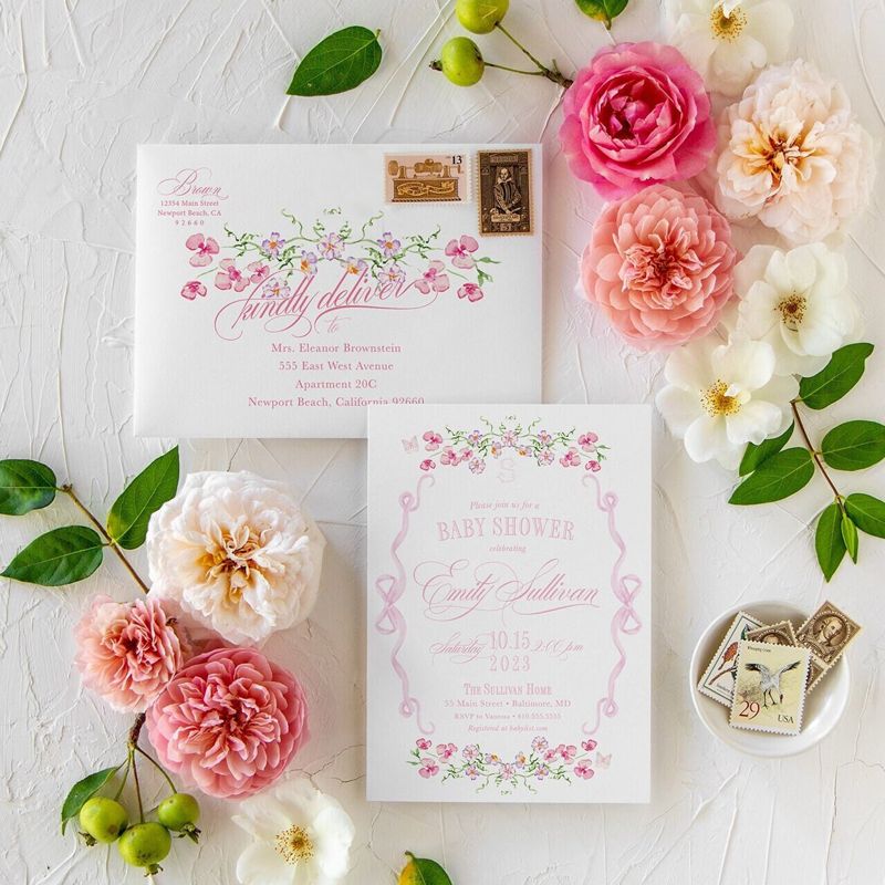 Fancy Pink Bow Baby Girl Shower Invitations - Girl Baby Sprinkle - Pink Bow Love Fancy Party Feminine (10 printed invitations, Plain White Envelopes)
