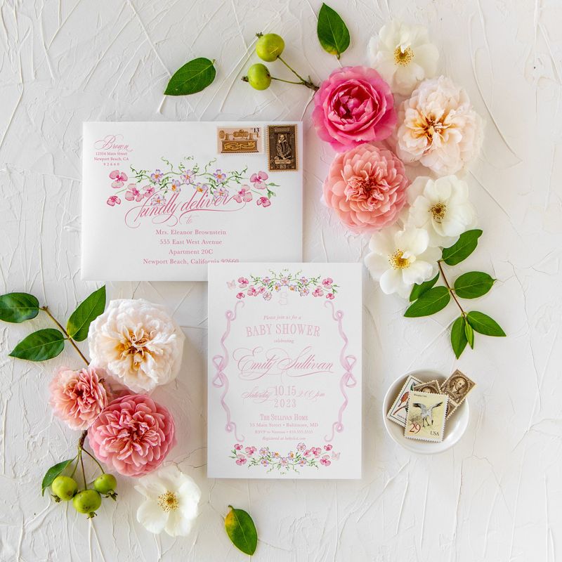 Fancy Pink Bow Baby Girl Shower Invitations - Girl Baby Sprinkle - Pink Bow Love Fancy Party Feminine (10 printed invitations, Plain White Envelopes)