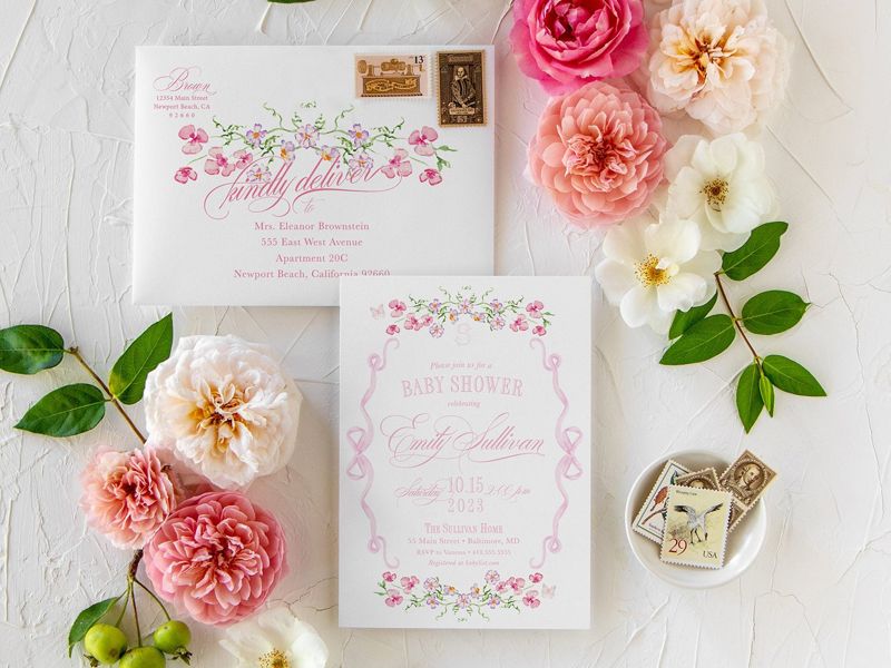 Fancy Pink Bow Baby Girl Shower Invitations - Girl Baby Sprinkle - Pink Bow Love Fancy Party Feminine (10 printed invitations, Plain White Envelopes)