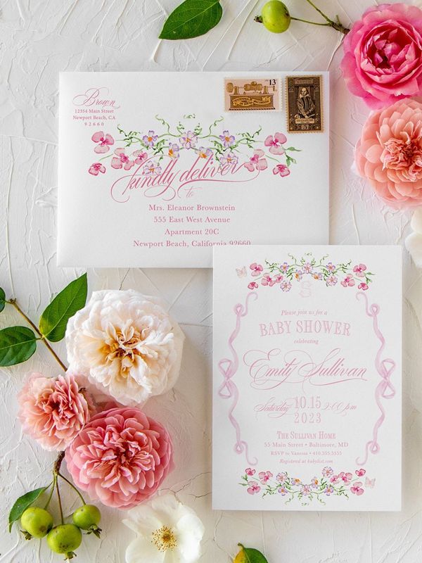 Fancy Pink Bow Baby Girl Shower Invitations - Girl Baby Sprinkle - Pink Bow Love Fancy Party Feminine (10 printed invitations, Plain White Envelopes)