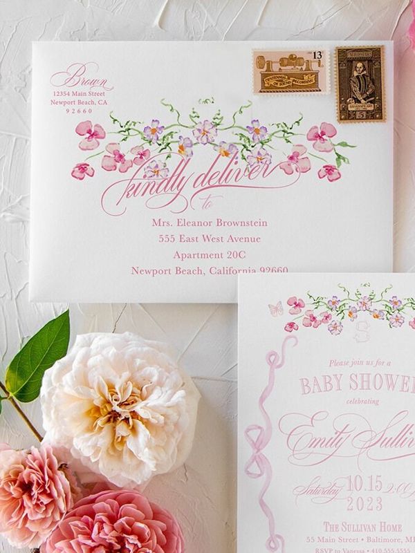 Fancy Pink Bow Baby Girl Shower Invitations - Girl Baby Sprinkle - Pink Bow Love Fancy Party Feminine (10 printed invitations, Plain White Envelopes)